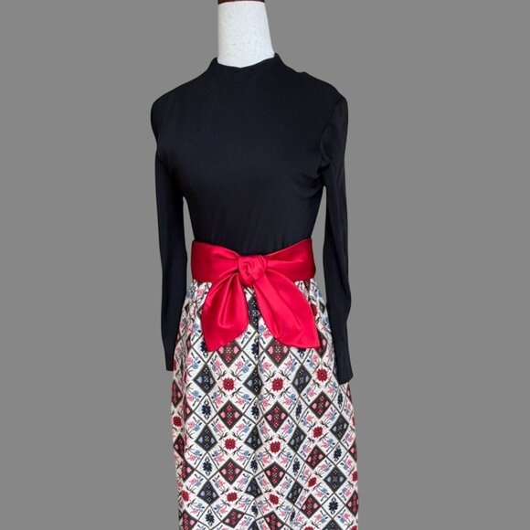 Vtg 70s Holiday Maxi Dress Black Bodice Bow Waistband Floral Jaquard Skirt 0 2 - Picture 6 of 10